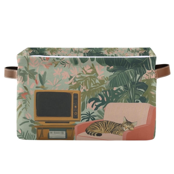 Yayeee Canvas Storage Basket with Handles for Shelves Fabric Bins Closet Organizer, Pink and Green Cat