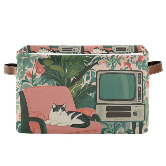 Yayeee Canvas Storage Basket with Handles for Shelves Fabric Bins Closet Organizer, Pink and White Cat