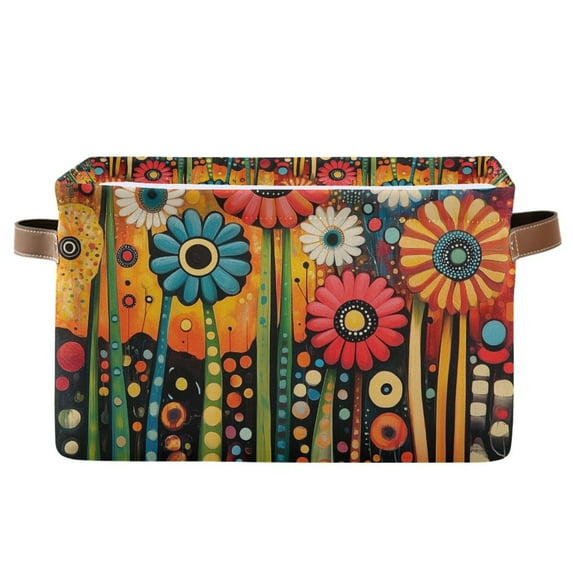 Yayeee Canvas Storage Basket with Handles for Shelves Fabric Bins Closet Organizer, Red Colorful Flowers with Dots