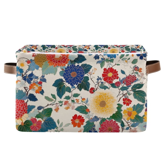 Yayeee Canvas Storage Basket with Handles for Shelves Fabric Bins Closet Organizer, Red Japanese Floral Pattern