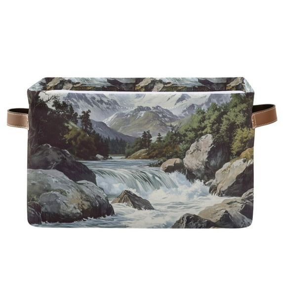 Yayeee Canvas Storage Basket with Handles for Shelves Fabric Bins Closet Organizer, River and Mountains