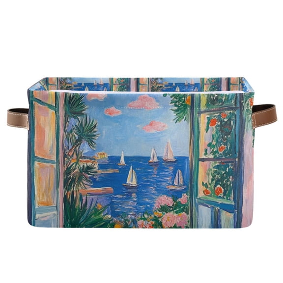 Yayeee Canvas Storage Basket with Handles for Shelves Fabric Bins Closet Organizer, Sea Window
