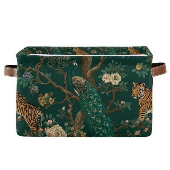 Yayeee Canvas Storage Basket with Handles for Shelves Fabric Bins Closet Organizer, Tiger and Peacock Pattern