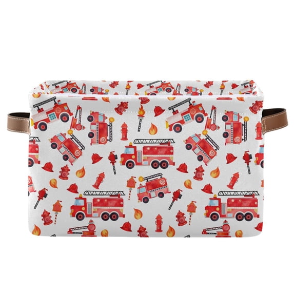 Yayeee Canvas Storage Basket with Handles for Shelves Fabric Bins Closet Organizer, White Cartoon Fire Truck Pattern
