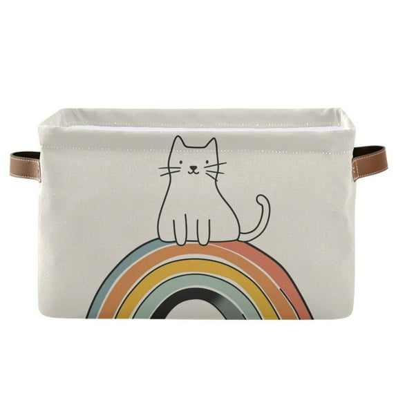 Yayeee Canvas Storage Basket with Handles for Shelves Fabric Bins Closet Organizer, White Cat Rainbow