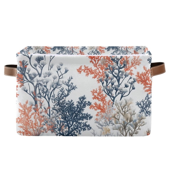 Yayeee Canvas Storage Basket with Handles for Shelves Fabric Bins Closet Organizer, White Sea Plants