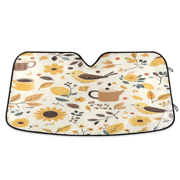 Yayeee Car Windshield Sun Shade Universal Fit Front Visor Protector, Beige Birds Floral