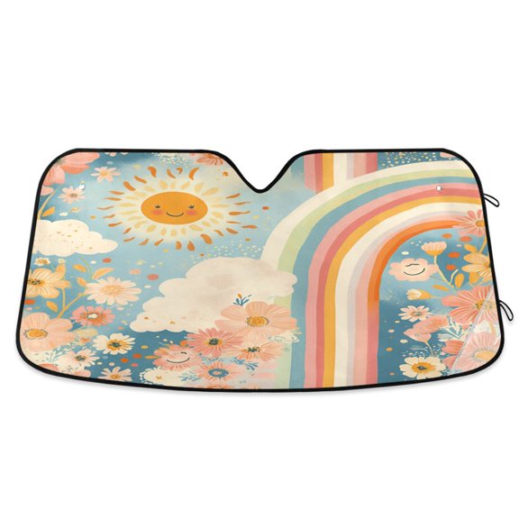 Yayeee Car Windshield Sun Shade Universal Fit Foldable Front Window Visor Protector, Size 55"x27.6", Beige Rainbow Clouds