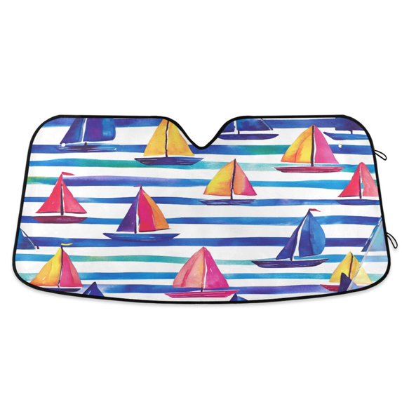 Yayeee Car Windshield Sun Shade Universal Fit Front Visor Protector, Blue Hand Drawn Sailboats
