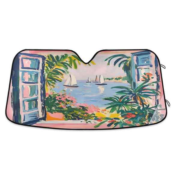 Yayeee Car Windshield Sun Shade Universal Fit Front Visor Protector, Floral Seaside