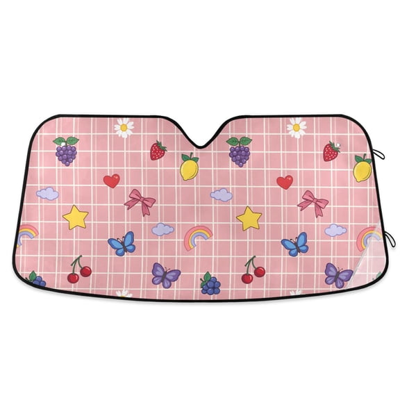Yayeee Car Windshield Sun Shade Universal Fit Foldable Front Window Visor Protector, Size 55"x27.6", Pink Plaid Fruit Pattern