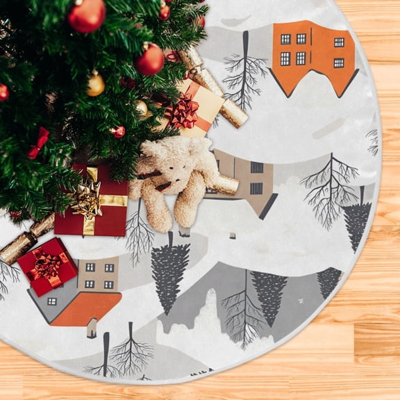 Yayeee Christmas Tree Skirt 35 inches for Xmas Tree Holiday Party Decoration, Beige Snow Houses