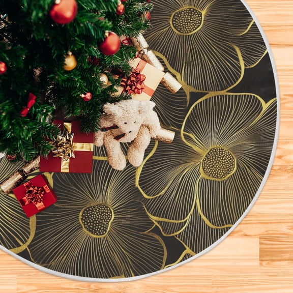 Yayeee Christmas Tree Skirt 35 inches for Xmas Tree Holiday Party Decoration, Black Flower Pattern
