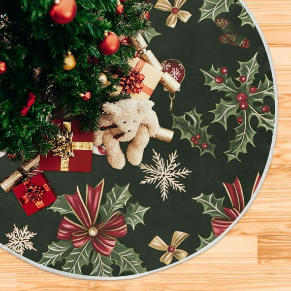 Yayeee Christmas Tree Skirt 35 inches for Xmas Tree Holiday Party Decoration, Green Christmas Holly