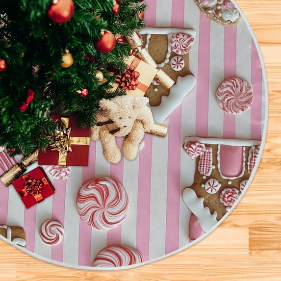 Yayeee Christmas Tree Skirt 35 inches for Xmas Tree Holiday Party Decoration, Pink Gingerbread Houses
