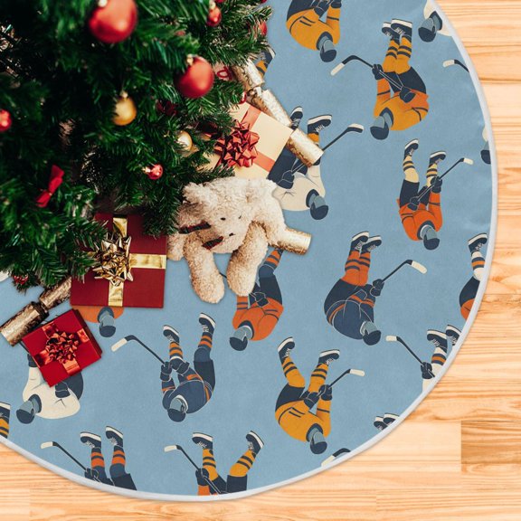 Yayeee Christmas Tree Skirt 47 inches for Xmas Tree Holiday Party Decoration, Blue Hockey Pattern