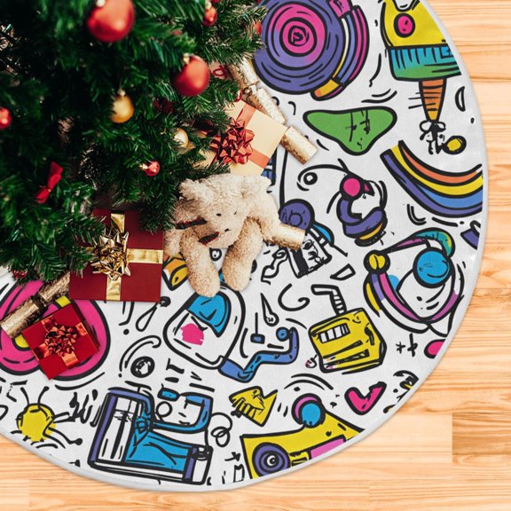 Yayeee Christmas Tree Skirt 47 inches for Xmas Tree Holiday Party Decoration, White Doodle Pattern