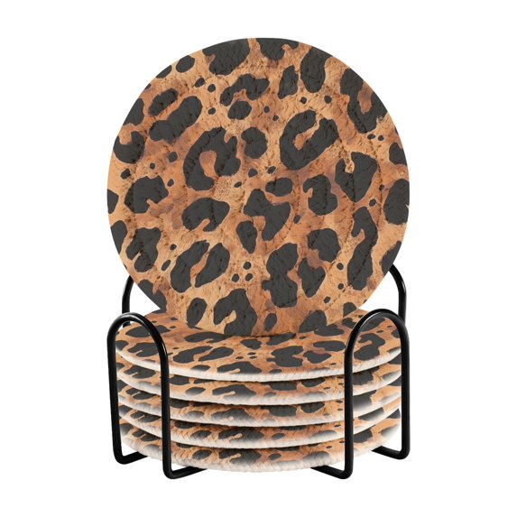 Yayeee 6 PCS Drink Coasters with Holder Set Woven Absorbent Round Tabletop Hot Pad, Leopard Pattern