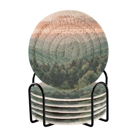 Yayeee 6 PCS Drink Coasters with Holder Set Woven Absorbent Round Tabletop Hot Pad, Mountains at Dawn