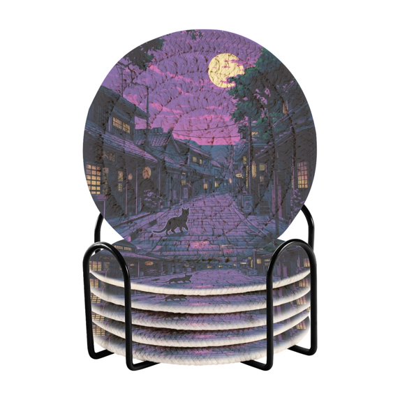 Yayeee 6 PCS Drink Coasters with Holder Set Woven Absorbent Round Tabletop Hot Pad, Purple Street