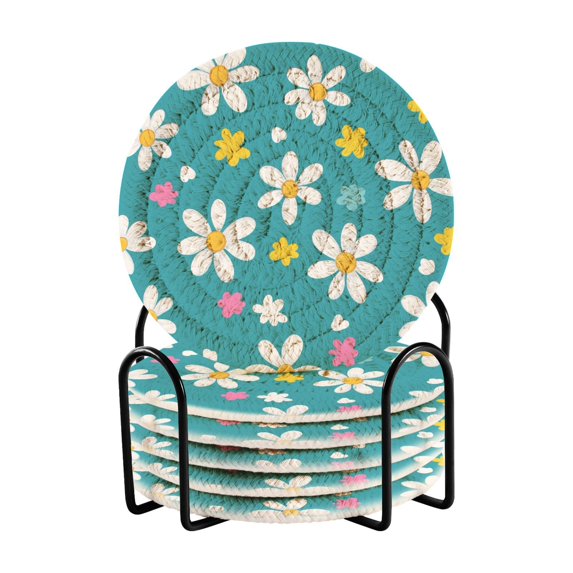 Yayeee 6 PCS Drink Coasters with Holder Set Woven Absorbent Round Tabletop Hot Pad, Small Daisy