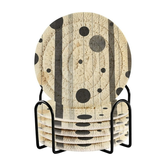 Yayeee 6 PCS Drink Coasters with Holder Set Woven Absorbent Round Tabletop Hot Pad, Stripes Pattern