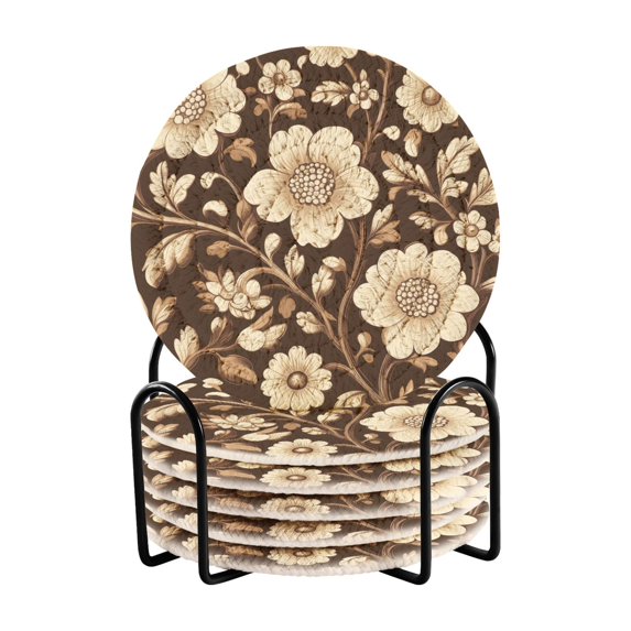 Yayeee 6 PCS Drink Coasters with Holder Set Woven Absorbent Round Tabletop Hot Pad, Brown Floral