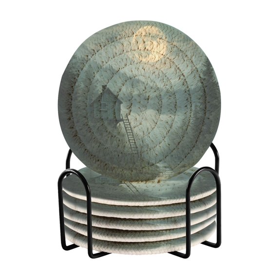 Yayeee 6 PCS Drink Coasters with Holder Set Woven Absorbent Round Tabletop Hot Pad, Forest House