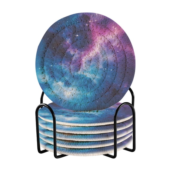 Yayeee 6 PCS Drink Coasters with Holder Set Woven Absorbent Round Tabletop Hot Pad, Galaxy Pattern