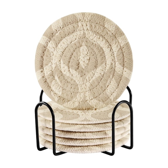 Yayeee 6 PCS Drink Coasters with Holder Set Woven Absorbent Round Tabletop Hot Pad, Light Brown Pattern