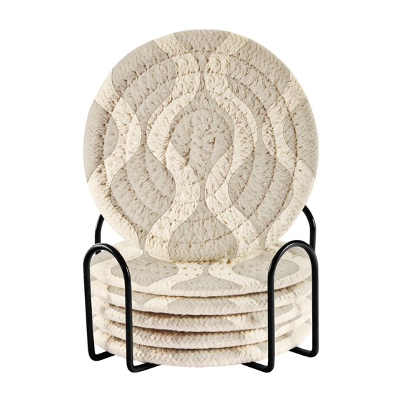 Yayeee 6 PCS Drink Coasters with Holder Set Woven Absorbent Round Tabletop Hot Pad, Light Gray Pattern