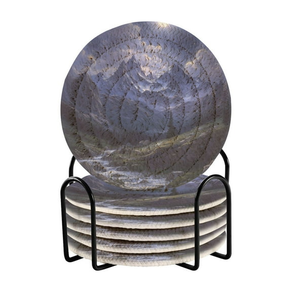 Yayeee 6 PCS Drink Coasters with Holder Set Woven Absorbent Round Tabletop Hot Pad, Moonlight Mountain