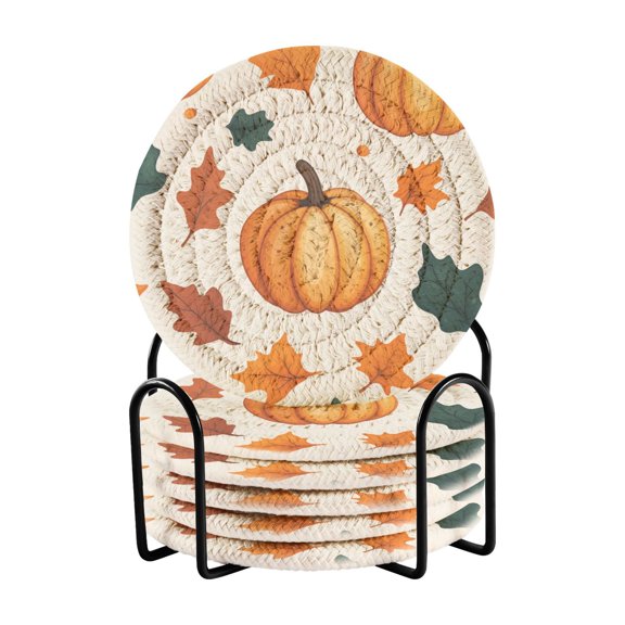 Yayeee 6 PCS Drink Coasters with Holder Set Woven Absorbent Round Tabletop Hot Pad, Pumpkins Patten