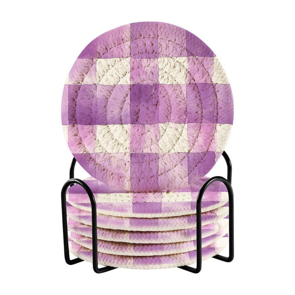 Yayeee 6 PCS Drink Coasters with Holder Set Woven Absorbent Round Tabletop Hot Pad, Purple and White Pattern