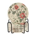 thumbnail image 1 of Yayeee 6 PCS Drink Coasters with Holder Set Woven Absorbent Round Tabletop Hot Pad, Red Floral Pattern, 1 of 7