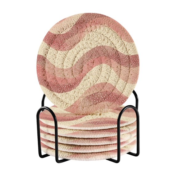 Yayeee 6 PCS Drink Coasters with Holder Set Woven Absorbent Round Tabletop Hot Pad, Soft Pink Pattern