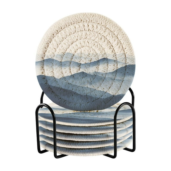 Yayeee 6 PCS Drink Coasters with Holder Set Woven Absorbent Round Tabletop Hot Pad, Watercolor Mountains