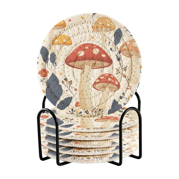 Yayeee 6 PCS Drink Coasters with Holder Set Woven Absorbent Round Tabletop Hot Pad, White Mushroom