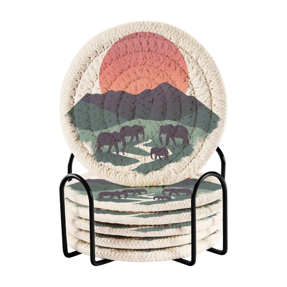 Yayeee 6 PCS Drink Coasters with Holder Set Woven Absorbent Round Tabletop Hot Pad, Abstract Elephant