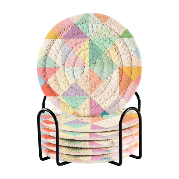 Yayeee 6 PCS Drink Coasters with Holder Set Woven Absorbent Round Tabletop Hot Pad, Abstract Geometric