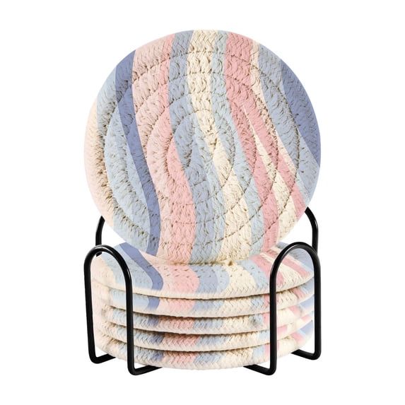 Yayeee 6 PCS Drink Coasters with Holder Set Woven Absorbent Round Tabletop Hot Pad, Abstract Pink