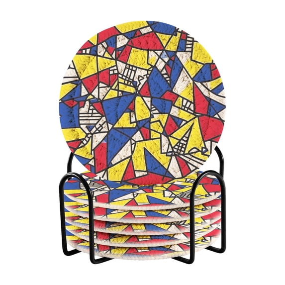 Yayeee 6 PCS Drink Coasters with Holder Set Woven Absorbent Round Tabletop Hot Pad, Art Triangles