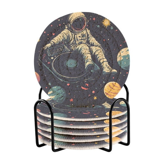 Yayeee 6 PCS Drink Coasters with Holder Set Woven Absorbent Round Tabletop Hot Pad, Astronaut Space