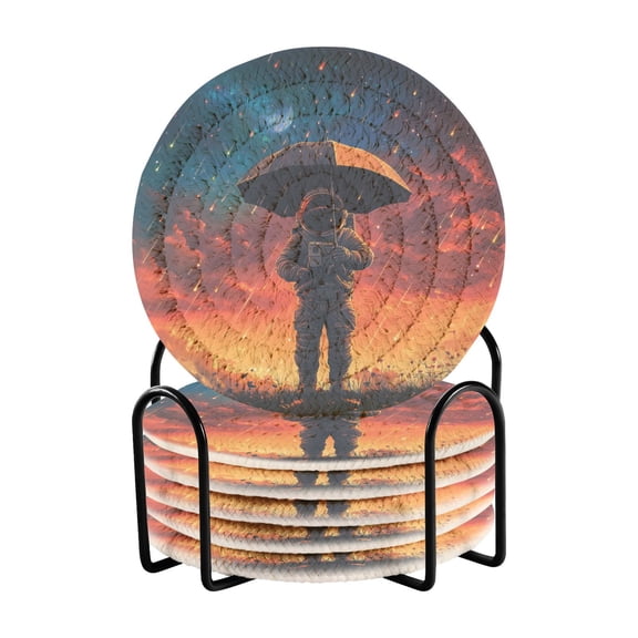 Yayeee 6 PCS Drink Coasters with Holder Set Woven Absorbent Round Tabletop Hot Pad, Astronaut at Dawn