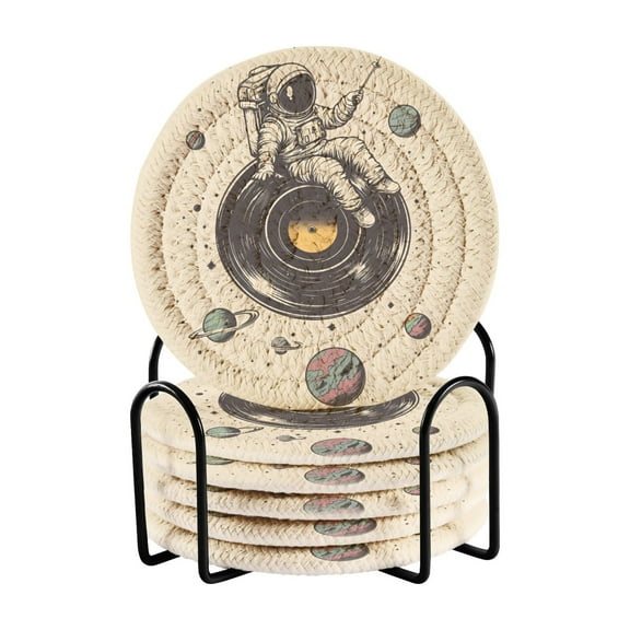 Yayeee 6 PCS Drink Coasters with Holder Set Woven Absorbent Round Tabletop Hot Pad, Beige Astronaut Planet