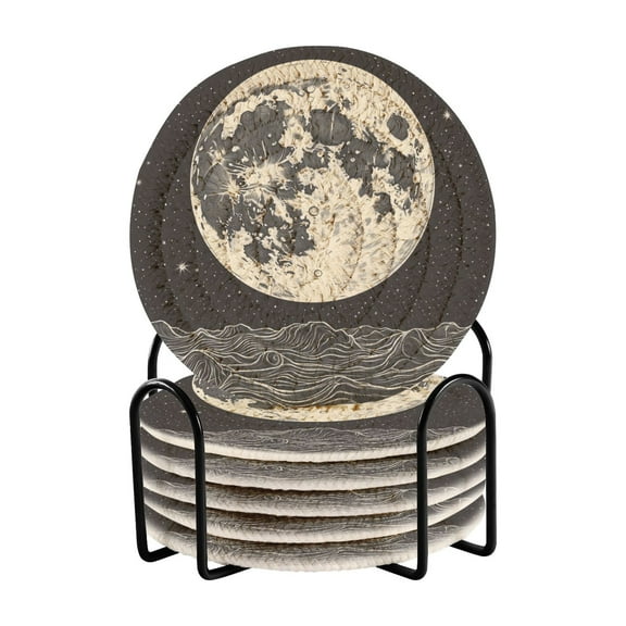 Yayeee 6 PCS Drink Coasters with Holder Set Woven Absorbent Round Tabletop Hot Pad, Beige Moon
