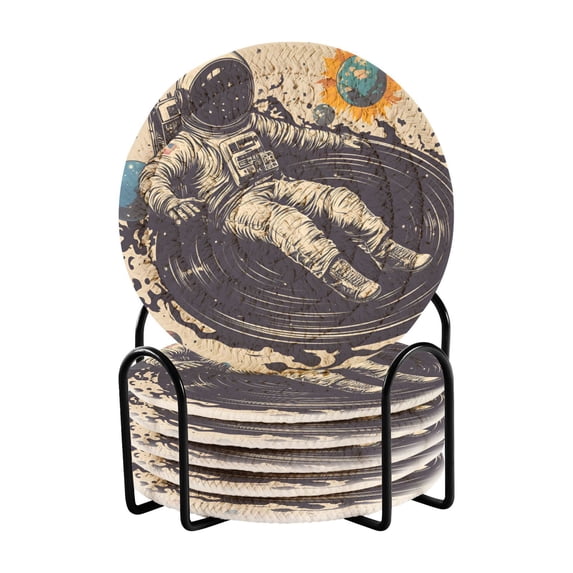 Yayeee 6 PCS Drink Coasters with Holder Set Woven Absorbent Round Tabletop Hot Pad, Beige Record
