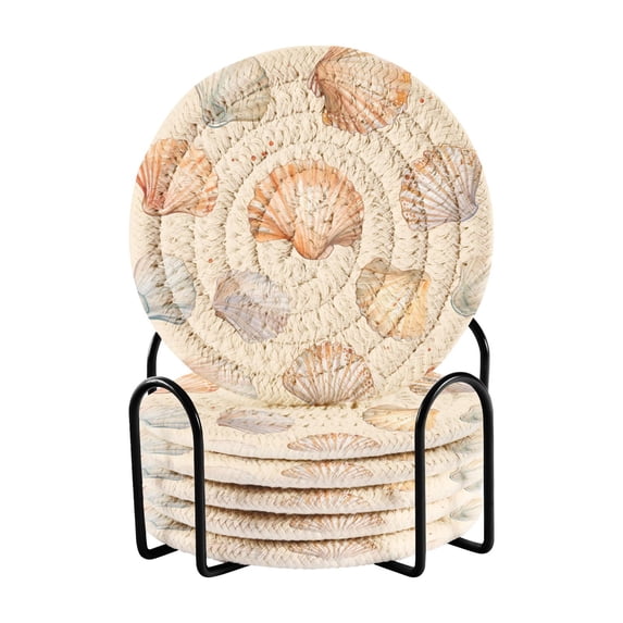Yayeee 6 PCS Drink Coasters with Holder Set Woven Absorbent Round Tabletop Hot Pad, Beige Seashell