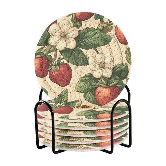 Yayeee 6 PCS Drink Coasters with Holder Set Woven Absorbent Round Tabletop Hot Pad, Beige Strawberry