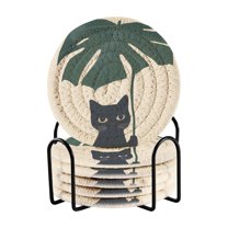 Yayeee 6 PCS Drink Coasters with Holder Set Woven Absorbent Round Tabletop Hot Pad, Black Cat Plants